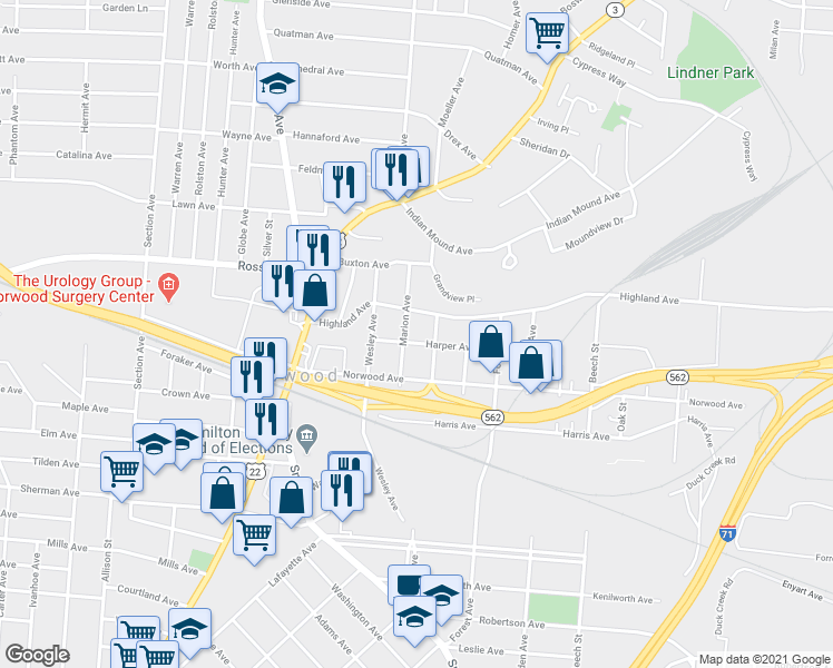 map of restaurants, bars, coffee shops, grocery stores, and more near 4918 Marion Avenue in Cincinnati