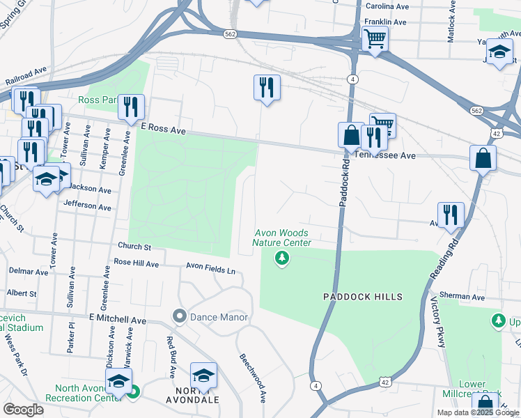 map of restaurants, bars, coffee shops, grocery stores, and more near 4803 Chalet Drive in Cincinnati
