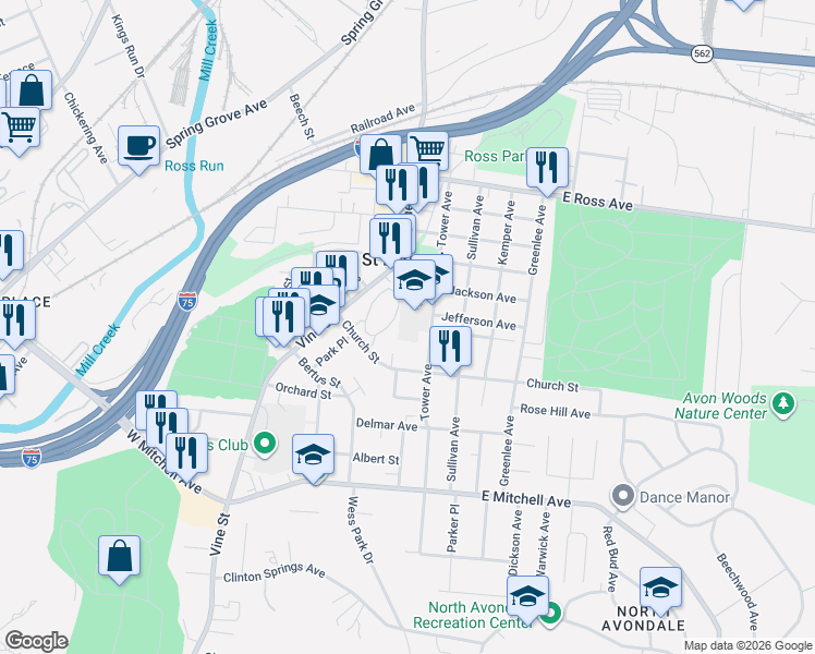 map of restaurants, bars, coffee shops, grocery stores, and more near 4408 Schroeder Lane in Cincinnati