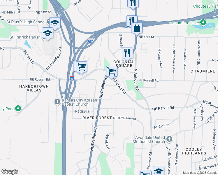 map of restaurants, bars, coffee shops, grocery stores, and more near 3908 Northeast Mid Oaks Road in Kansas City