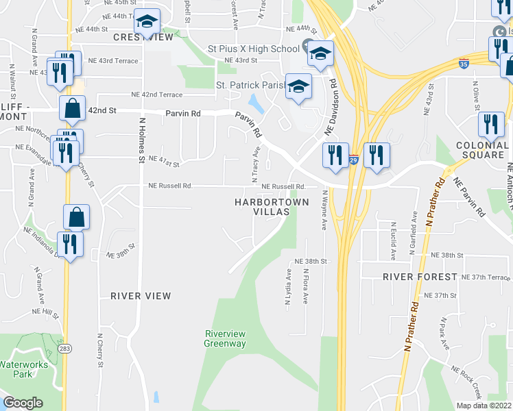 map of restaurants, bars, coffee shops, grocery stores, and more near 1302A Northeast 39th Street in Kansas City