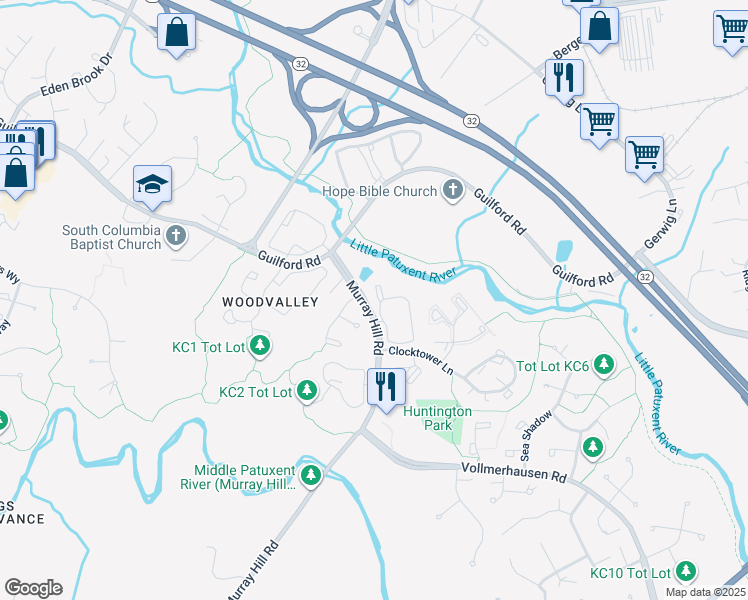map of restaurants, bars, coffee shops, grocery stores, and more near 7525 Murray Hill Road in Columbia