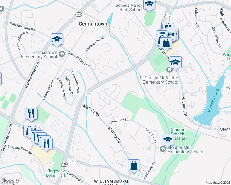 map of restaurants, bars, coffee shops, grocery stores, and more near 18923 Treebranch Terrace in Germantown