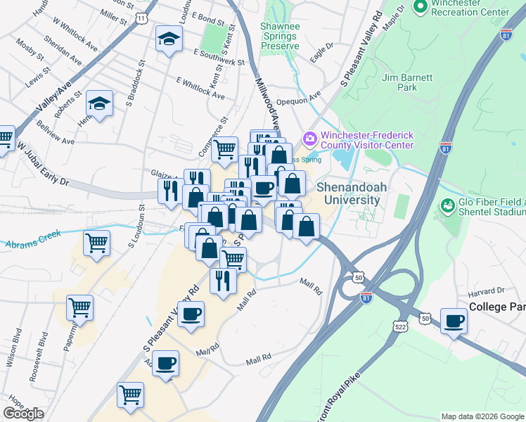 map of restaurants, bars, coffee shops, grocery stores, and more near 1702 South Pleasant Valley Road in Winchester