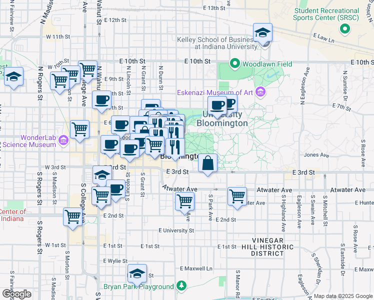 map of restaurants, bars, coffee shops, grocery stores, and more near 727 East 3rd Street in Bloomington