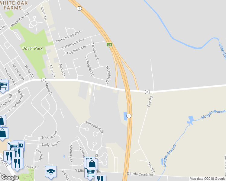 map of restaurants, bars, coffee shops, grocery stores, and more near 1588 North Little Creek Road in Dover