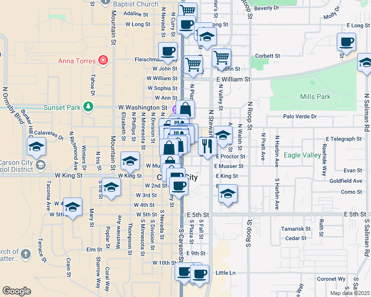map of restaurants, bars, coffee shops, grocery stores, and more near 319 North Carson Street in Carson City