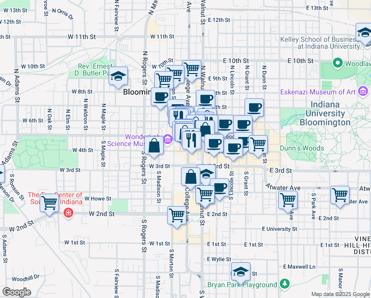 map of restaurants, bars, coffee shops, grocery stores, and more near 122 South College Avenue in Bloomington