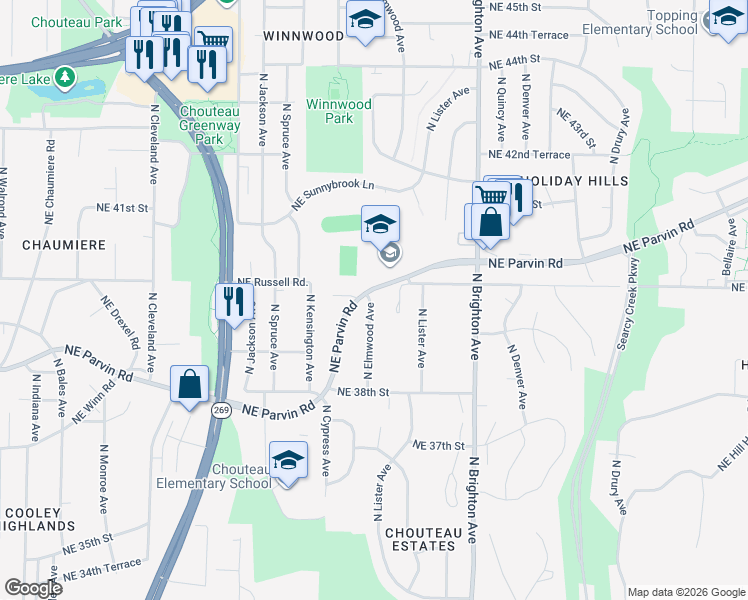 map of restaurants, bars, coffee shops, grocery stores, and more near 3919 North Elmwood Avenue in Kansas City