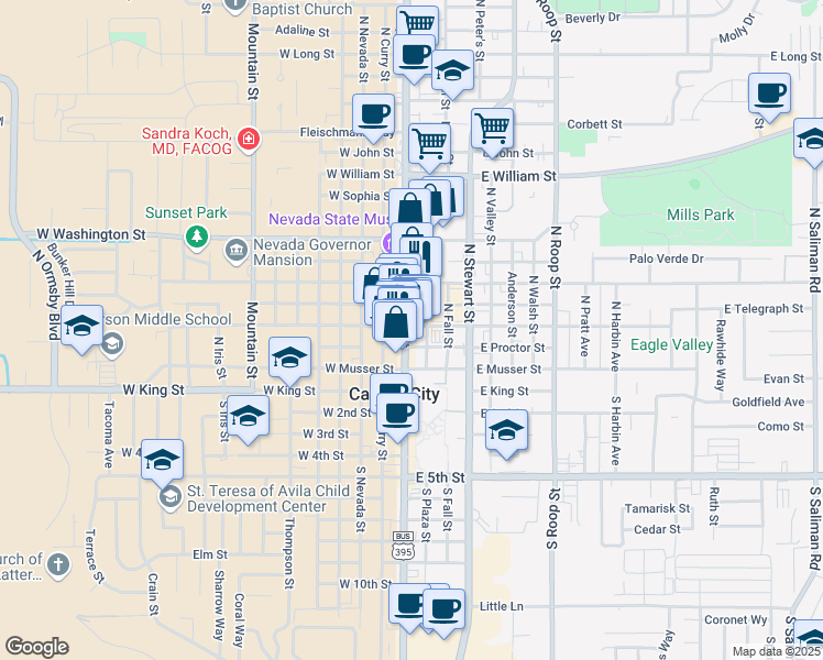map of restaurants, bars, coffee shops, grocery stores, and more near 319 North Carson Street in Carson City