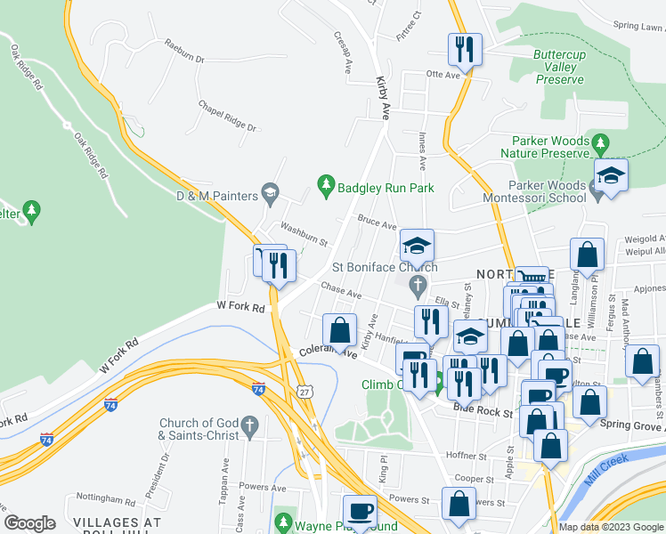 map of restaurants, bars, coffee shops, grocery stores, and more near 4220 Virginia Avenue in Cincinnati