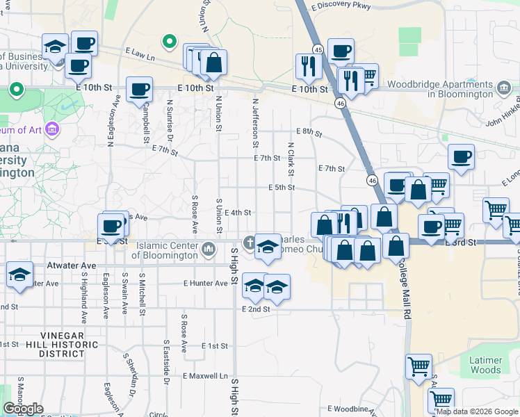 map of restaurants, bars, coffee shops, grocery stores, and more near 2222 East 5th Street in Bloomington