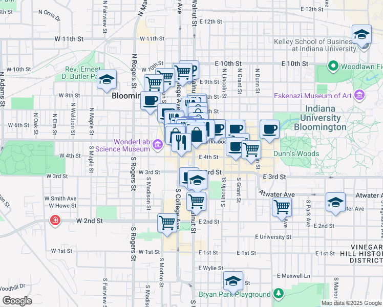 map of restaurants, bars, coffee shops, grocery stores, and more near 122 South Walnut Street in Bloomington
