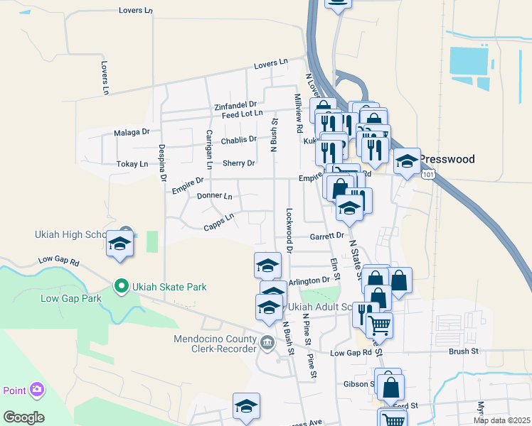 map of restaurants, bars, coffee shops, grocery stores, and more near 525 Donner Court in Ukiah