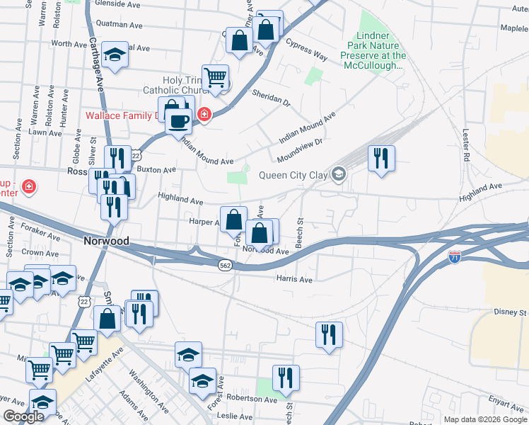 map of restaurants, bars, coffee shops, grocery stores, and more near 2512 Highland Avenue in Norwood