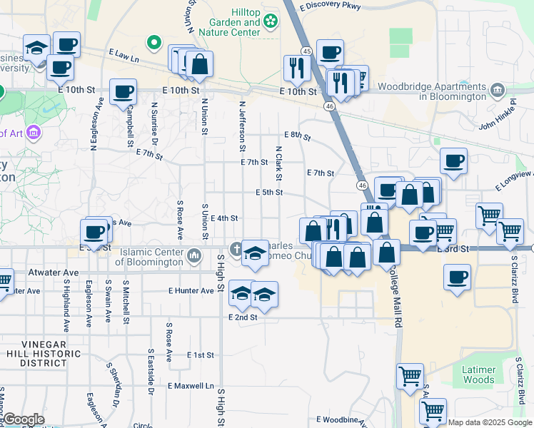 map of restaurants, bars, coffee shops, grocery stores, and more near 113 South Clark Street in Bloomington