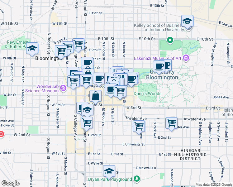 map of restaurants, bars, coffee shops, grocery stores, and more near 420 East Kirkwood Avenue in Bloomington