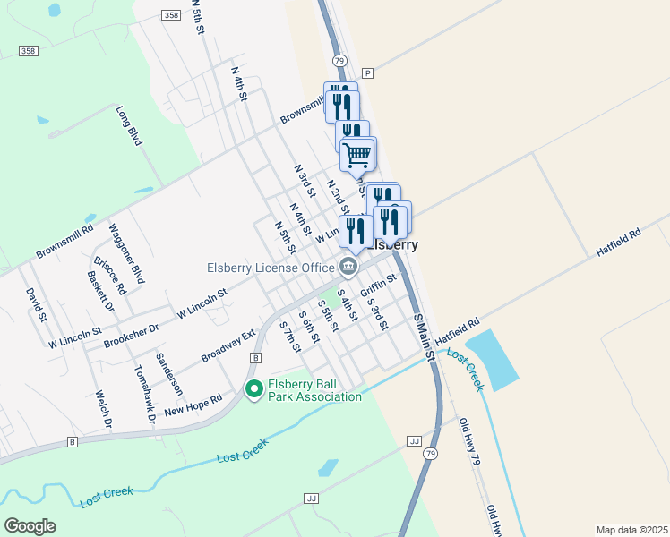 map of restaurants, bars, coffee shops, grocery stores, and more near 110 North 3rd Street in Elsberry