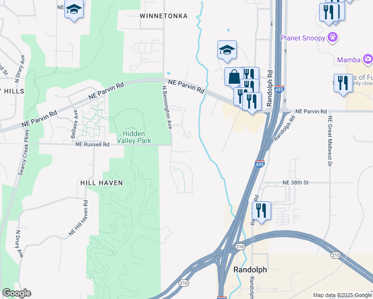 map of restaurants, bars, coffee shops, grocery stores, and more near 4017 North Bennington Avenue in Kansas City