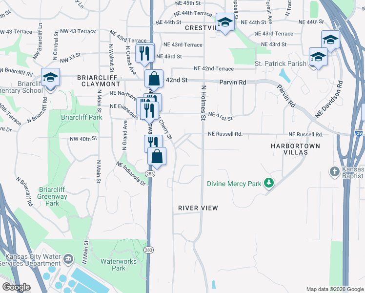 map of restaurants, bars, coffee shops, grocery stores, and more near 627 Northeast Terrace Drive in Kansas City