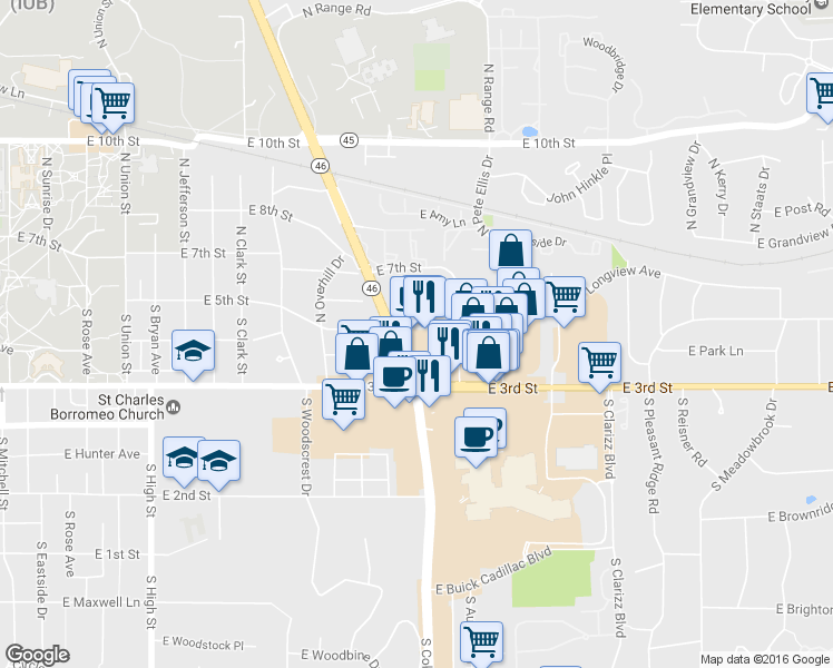 map of restaurants, bars, coffee shops, grocery stores, and more near 224 South Williamsburg Drive in Bloomington