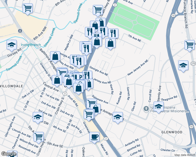 map of restaurants, bars, coffee shops, grocery stores, and more near 310 New Jersey Avenue Northeast in Glen Burnie