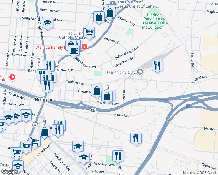 map of restaurants, bars, coffee shops, grocery stores, and more near 2512 Highland Avenue in Norwood