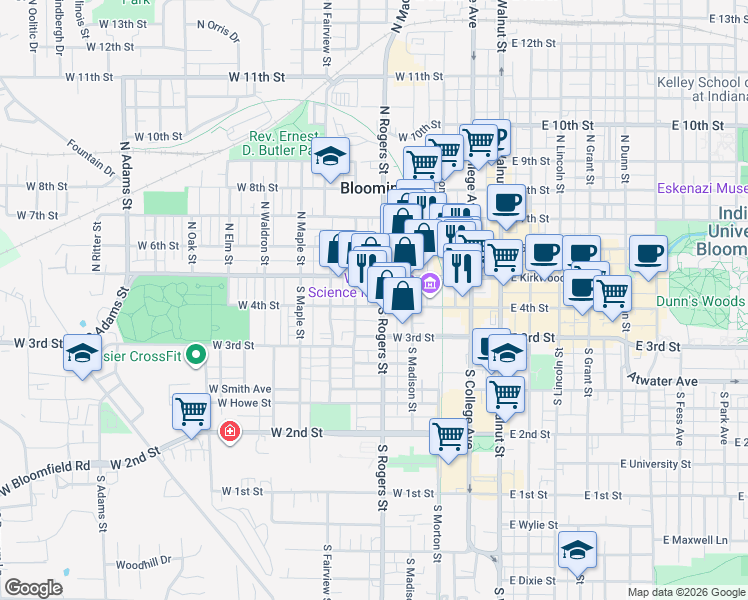 map of restaurants, bars, coffee shops, grocery stores, and more near 515 West Kirkwood Avenue in Bloomington