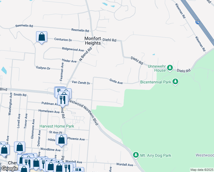 map of restaurants, bars, coffee shops, grocery stores, and more near 3171 Goda Avenue in Cincinnati
