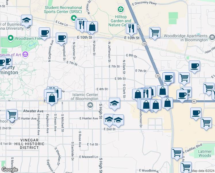 map of restaurants, bars, coffee shops, grocery stores, and more near 118 South Jefferson Street in Bloomington