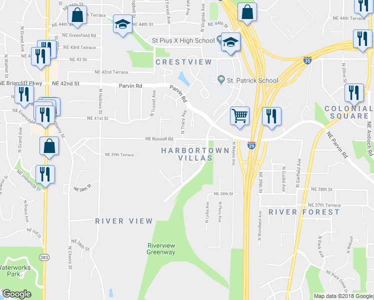 map of restaurants, bars, coffee shops, grocery stores, and more near 1306B Northeast 39th Street in Kansas City