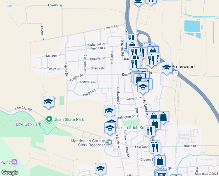 map of restaurants, bars, coffee shops, grocery stores, and more near 525 Donner Court in Ukiah