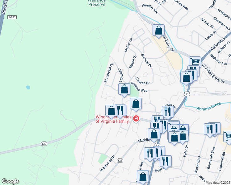 map of restaurants, bars, coffee shops, grocery stores, and more near 1009 Orchard Hill Drive in Winchester