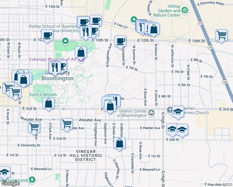 map of restaurants, bars, coffee shops, grocery stores, and more near in Bloomington