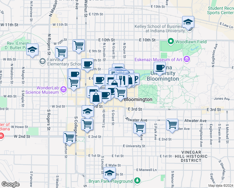 map of restaurants, bars, coffee shops, grocery stores, and more near 420 East Kirkwood Avenue in Bloomington