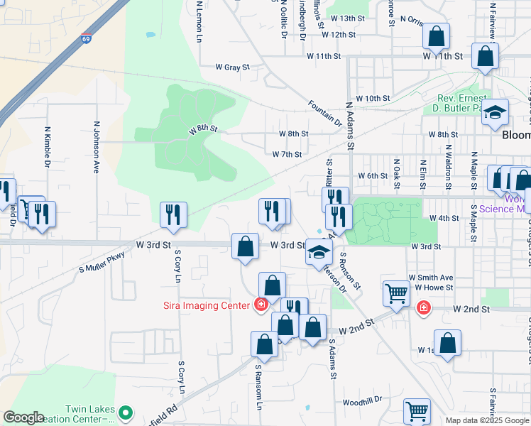 map of restaurants, bars, coffee shops, grocery stores, and more near 125 South Westplex Avenue in Bloomington