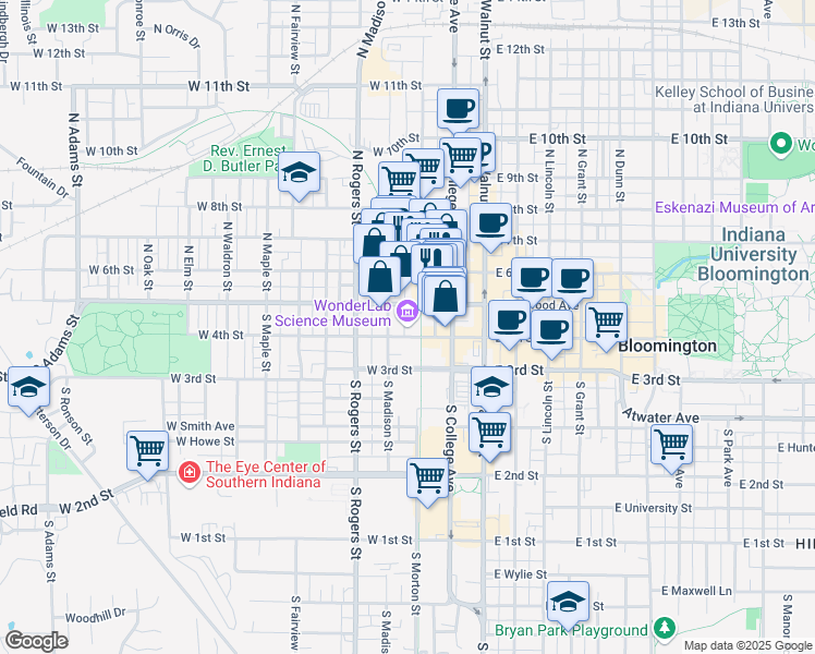 map of restaurants, bars, coffee shops, grocery stores, and more near 308 West 4th Street in Bloomington