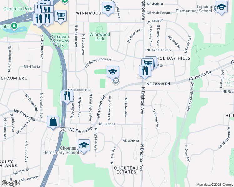 map of restaurants, bars, coffee shops, grocery stores, and more near 4609 Northeast Parvin Road in Kansas City