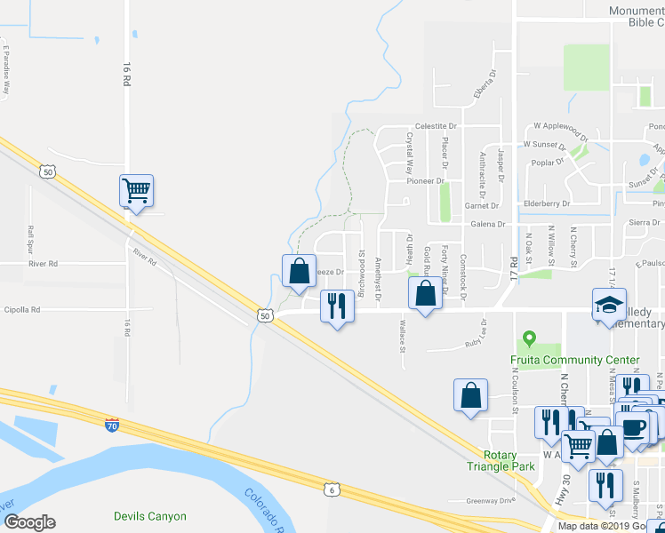 map of restaurants, bars, coffee shops, grocery stores, and more near 1215 Breeze Drive in Fruita