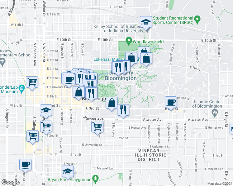 map of restaurants, bars, coffee shops, grocery stores, and more near 130 South Woodlawn Avenue in Bloomington