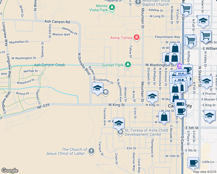 map of restaurants, bars, coffee shops, grocery stores, and more near 1207 Angels Camp Drive in Carson City