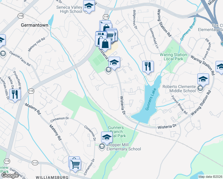 map of restaurants, bars, coffee shops, grocery stores, and more near 18832 Bent Willow Circle in Germantown