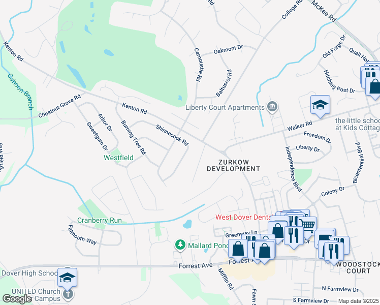 map of restaurants, bars, coffee shops, grocery stores, and more near 35 Shinnecock Road in Dover