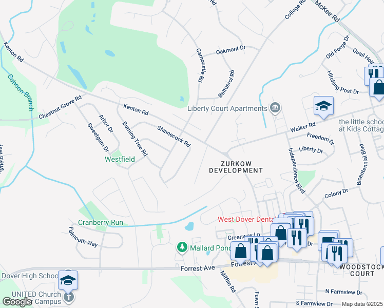 map of restaurants, bars, coffee shops, grocery stores, and more near 35 Shinnecock Road in Dover