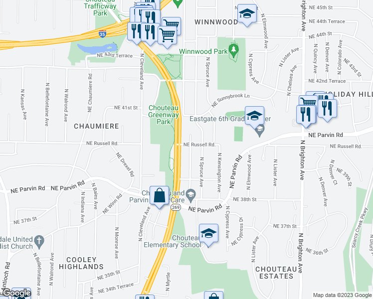 map of restaurants, bars, coffee shops, grocery stores, and more near 3954 North Jackson Avenue in Kansas City