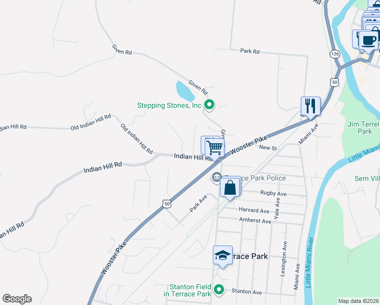 map of restaurants, bars, coffee shops, grocery stores, and more near 103 Red Bird Lane in Terrace Park
