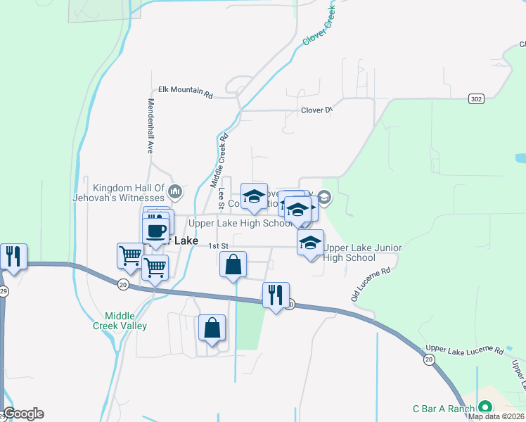 map of restaurants, bars, coffee shops, grocery stores, and more near 630 2nd Street in Upper Lake