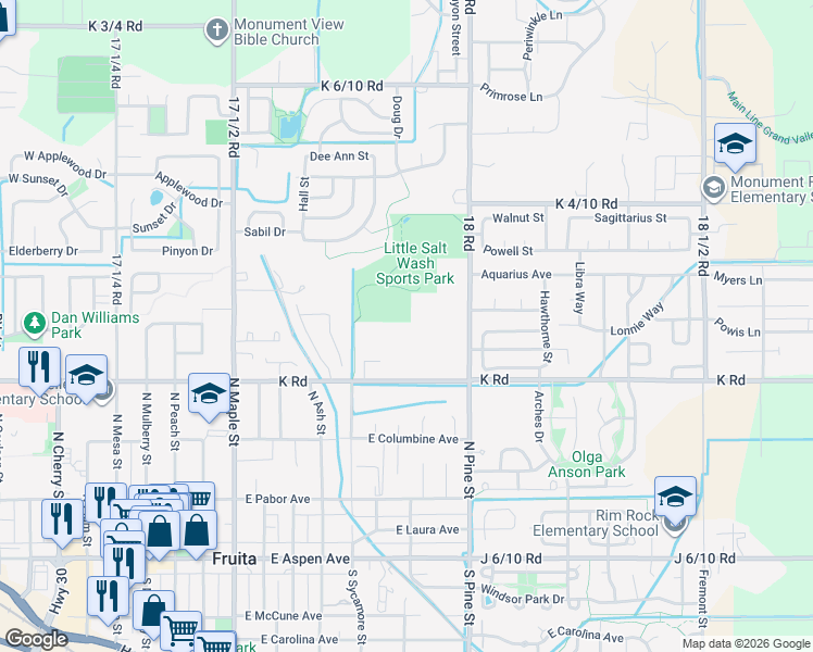 map of restaurants, bars, coffee shops, grocery stores, and more near 1115 18 Road in Fruita