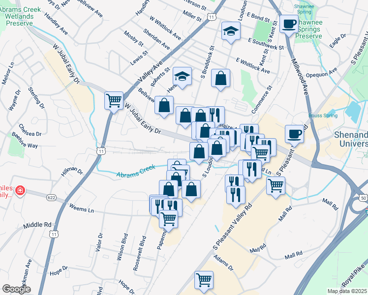 map of restaurants, bars, coffee shops, grocery stores, and more near 43 West Jubal Early Drive in Winchester