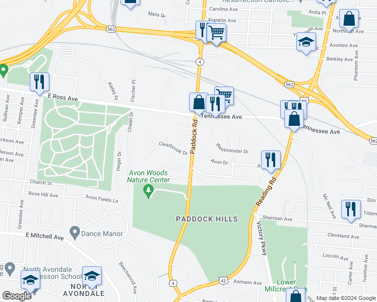 map of restaurants, bars, coffee shops, grocery stores, and more near 1201 Avon Drive in Cincinnati